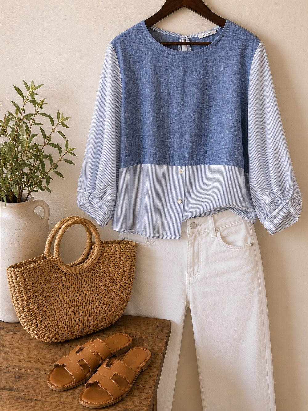 Ellison Blue Mixed Stripe Cotton Blouse| Women’s Size Large